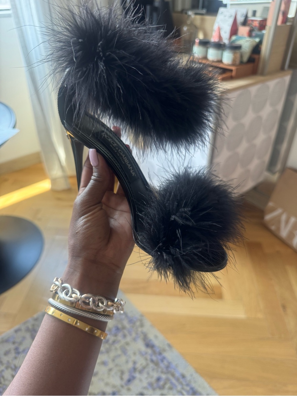Dolce & Gabbana Black Ostrich Feather Double-Band Slide Heel - Picture 2 of 5